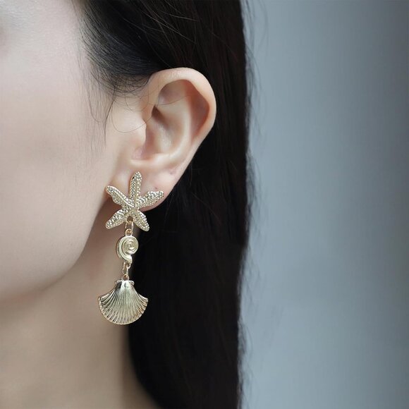 Gold Starfish Shell Dangle Earrings for Women - Beach Jewelry, Lightweight, Perf - Picture 4 of 7